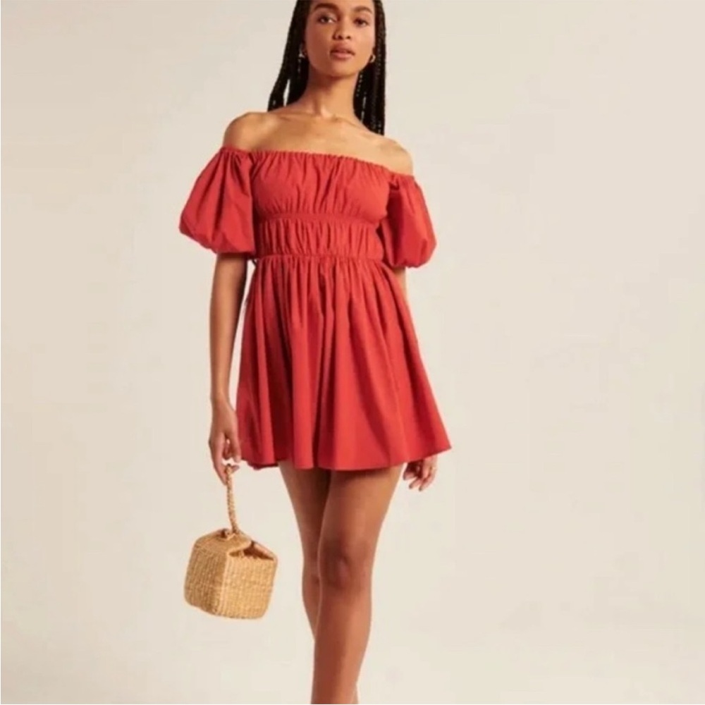 NEW Abercrombie & Fitch Off-The-Shoulder Puff Sleeve Mini Dress Red Size SP
